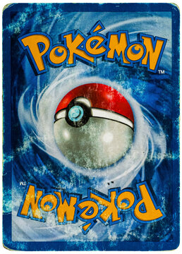 Hamburg, Germany - 07272026: Worn Back of English Pok&eacute;mon Trading Card from 1999. Played and used trading card.