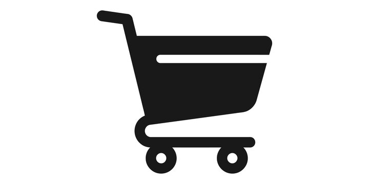 Black shopping cart icon for e-commerce website and mobile retail store.