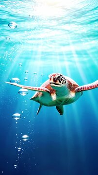 Sea turtle swimming through sunlit blue ocean water with rising air bubbles. Panning medium shot.