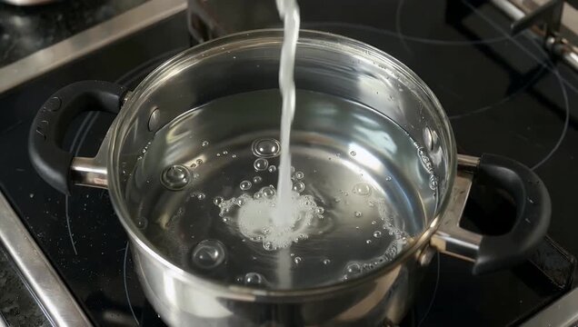 t44451 mp4 Ultra-detailed 4K slow-motion video showing pure water reaching a rapid rolling boil inside a clear glass saucepan capturing rising steam bubbles and heat movement for culinary production