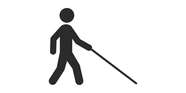 Black stick figure with walking cane showing blindness or disability.
