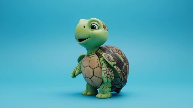 Adorable turtle character moving and looking around with a friendly expression against a clean blue backdrop
