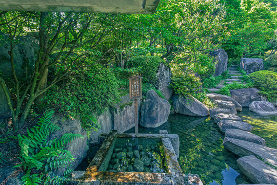 Traditional stone well frame surrounded by lush greenery and stone steps at Mejiro Garden May 2024