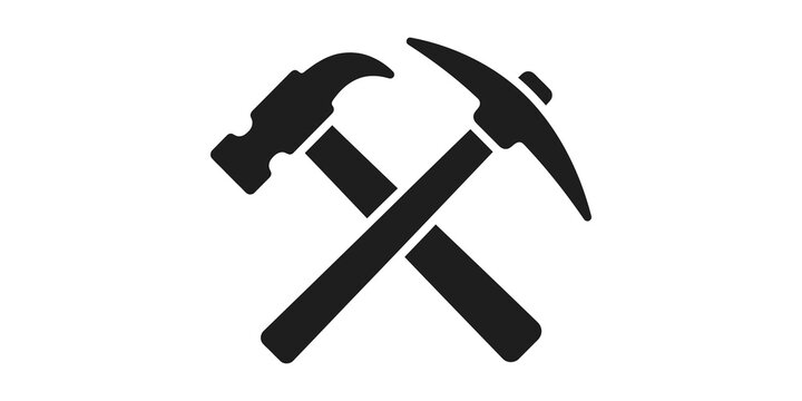 Crossed hammer and pickaxe black silhouette icon for mining industry.