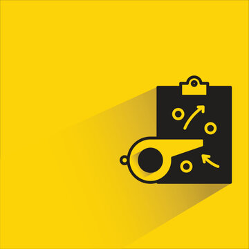 game strategy clipboard and whistle icon with shadow on yellow background