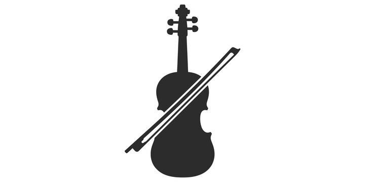 Violin with bow in dark gray on transparent background, musical instrument.