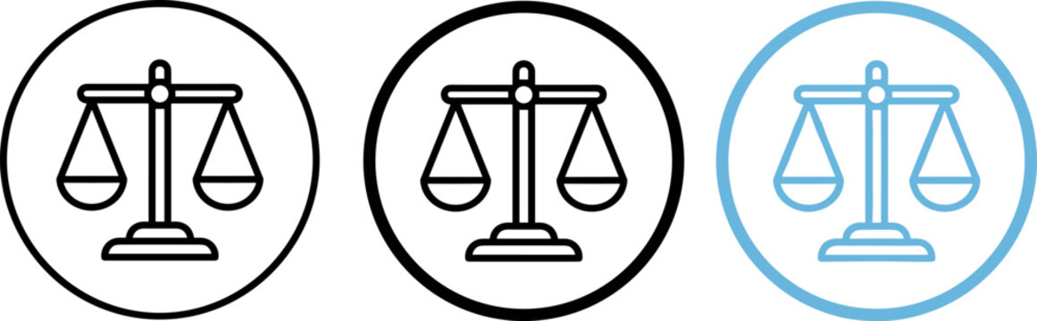 Set of circular vector icons featuring legal scales of justice symbols for law and courtroom concepts