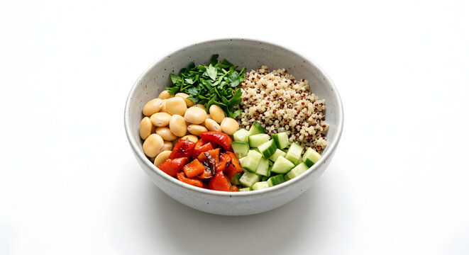 Lupinenbohnensalat mit Quinoa isoliert auf Wei&szlig;