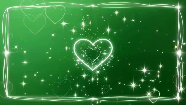 Delicate 4K holiday motion graphic featuring a slender luminous white border embellished with twinkling cosmic stars and floating animated love hearts over a solid chroma key green screen background