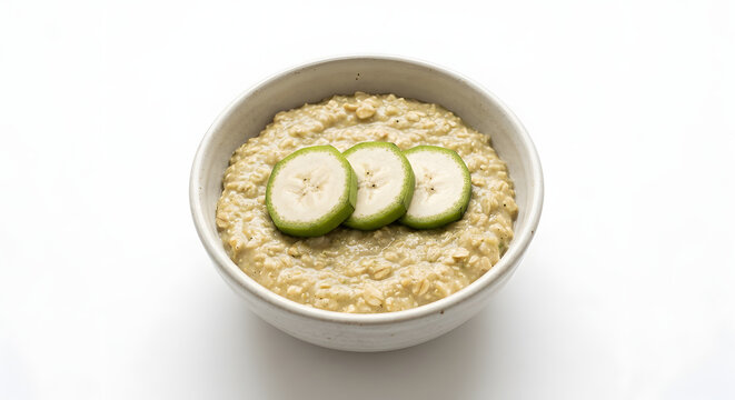 Porridge aus gr&uuml;nem Bananenmehl auf Wei&szlig;