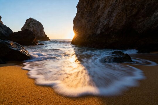Sunset at a rocky beach with waves crashing on golden sand