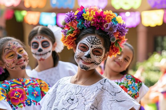Joyful Children Celebrating Dia de los Muertos in Sugar Skull Makeup