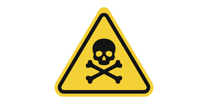 Yellow warning skull sign with crossbones for hazard safety environment alert.