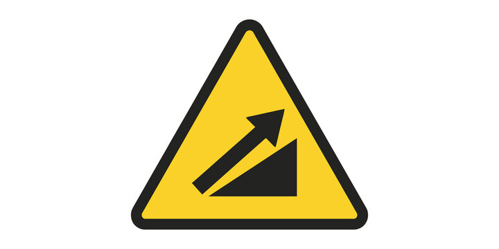 Yellow caution sign showing steep upward slope and incline arrow icon.