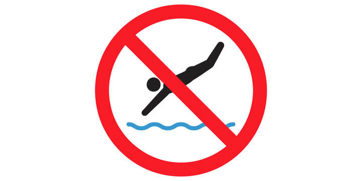 No diving sign with black person jumping into blue water and red circle.