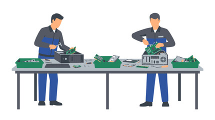 Fototapeta premium Technicians Disassembling E-Waste for Electronics Recycling Illustration