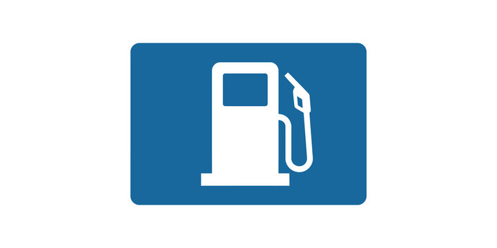 Road sign with blue rectangular background and white fuel pump icon.