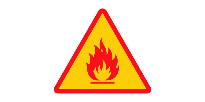 Yellow triangle warning sign with red flame symbol, fire hazard alert.