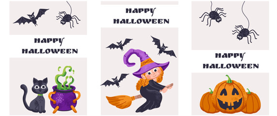 Obraz premium Halloween posters and flyer design template with cute holiday character of witch, cat and pumpkin. Banner set for social media, web, party invitation with spooky elements