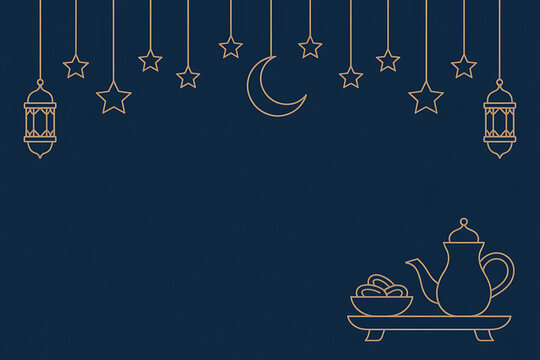 Ramadan kareem celebration background with hanging lanterns stars and crescent moon on dark blue