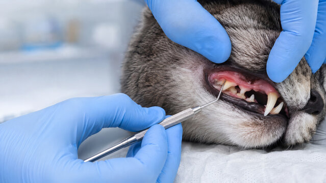 Veterinarian Measuring Periodontal Pocket During Cat Dental Examination