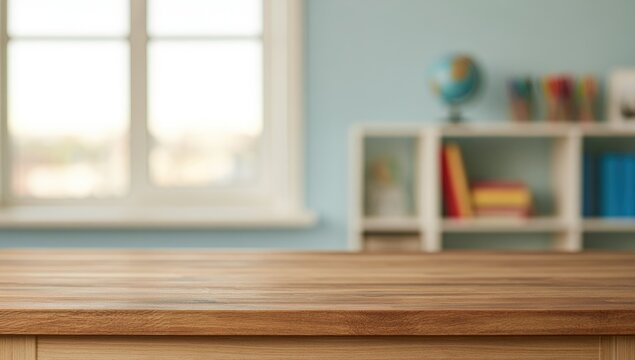 Empty Wooden Table in Front of a Bright Window and Bookshelf.