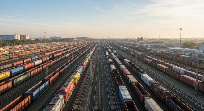 Extensive Railway Freight Yard with Numerous Trains and Tracks Stretching Towards the Horizon at Sunrise