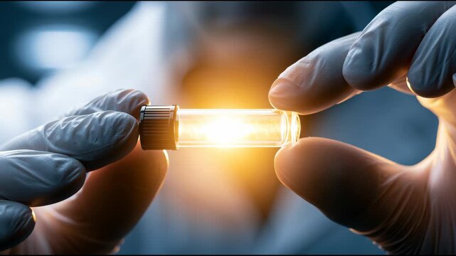A person is showing a glass vial in a lab. The vial lights up and is carefully held while looking closely at the contents inside.