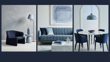 Fototapeta premium Three panel collage of blue toned living room and dining area furniture and decor