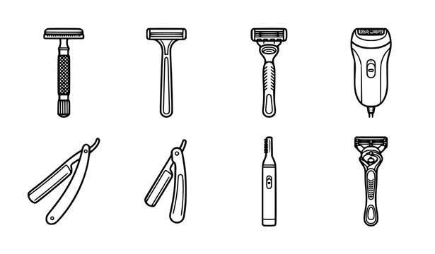 Shaving Razor and Personal Grooming Tool Outline Icon Set