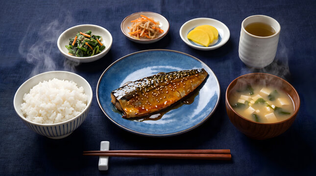 Japanese Saba Shioyaki Grilled Mackerel Teishoku Meal with Miso Soup and Rice
