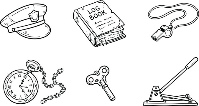 Vintage railway conductor and retro train station equipment sketch doodle vector icon set featuring cap log book whistle watch key lever