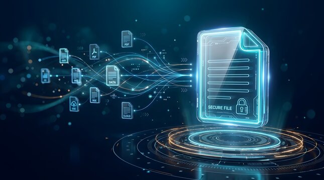 Secure file transfer and data protection concept with digital document and futuristic network background