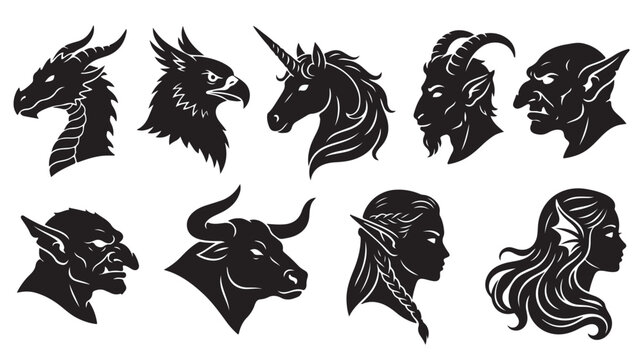 Mythical creatures silhouette heads set, fantasy monster icons collection, 9 black vector avatars for gaming and logos
