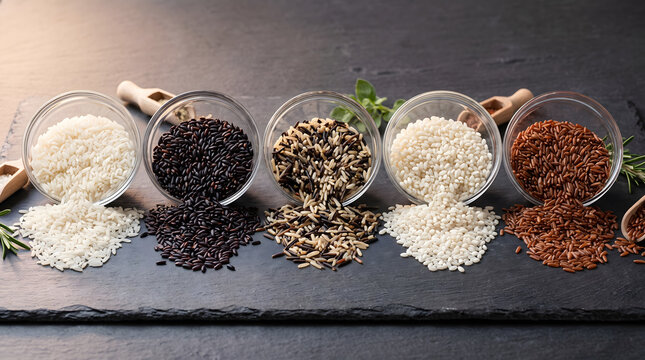 Assortment of Rice Varieties Spilling from Glass Bowls on Slate Background