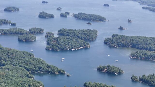 Aerial view of lush islands and blue water in the 1000 Islands region, St. Lawrence River, Canada. g