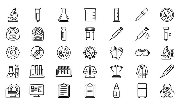 :
Medical laboratory microscope test tube DNA research and healthcare editable line vector icon set