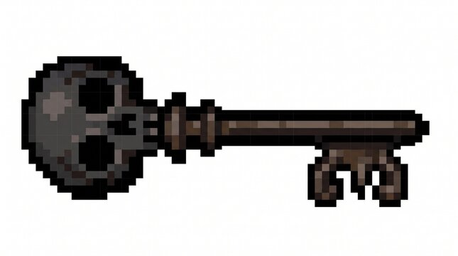 8-bit pixel art of a dark iron skull skeleton key RPG game asset isolated on white.