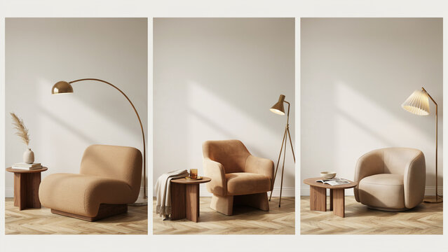 Three panels of beige armchairs with wooden side tables and floor lamps in a minimalist room