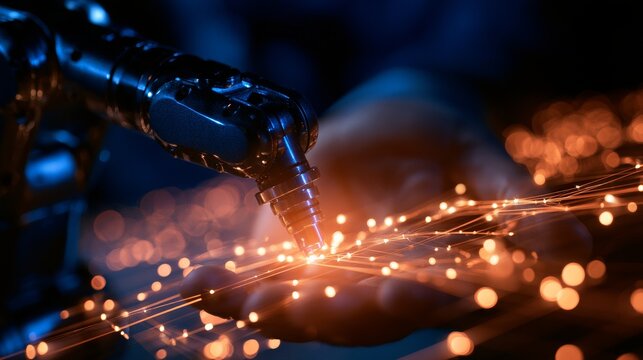 Robotic arm constructing a futuristic electronic circuit board with data flowing