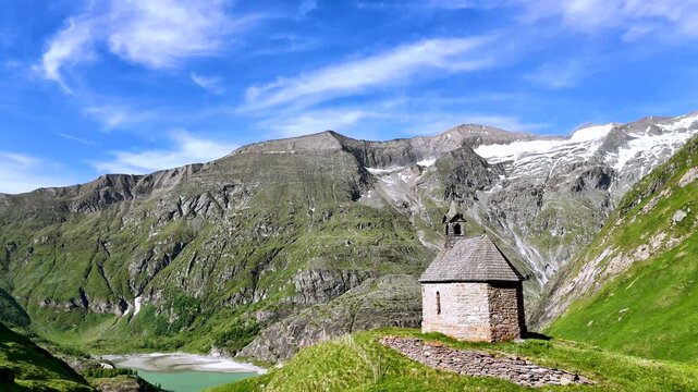 Kapelle beim Pasterzenhaus in the Austrian Alps, Drone View
