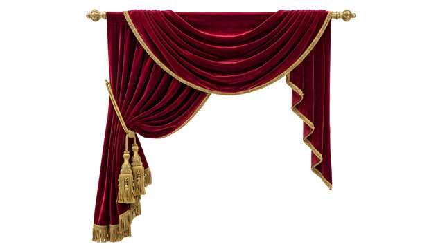 Elegant red velvet drapery adorned with ornate gold tassels hanging from a decorative curtain rod.