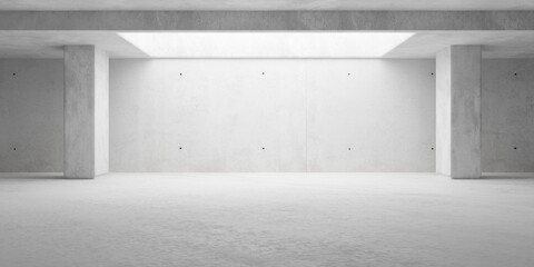 Naklejka premium Empty brutalism abstract room with large light shaft, pillars and concrete walls, industrial modern interior background template