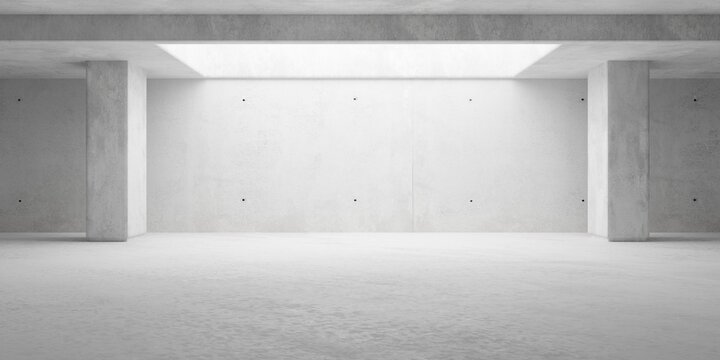 Empty brutalism abstract room with large light shaft, pillars and concrete walls, industrial modern interior background template
