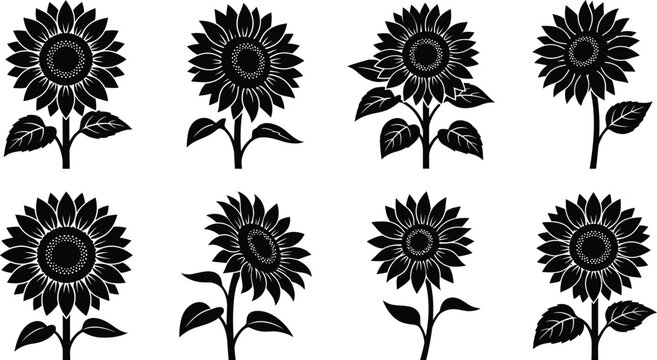 Eight black silhouette sunflowers display varying bloom and leaf arrangements