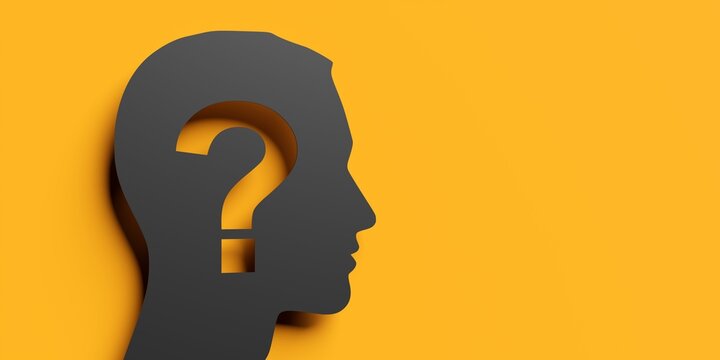 Head shape with question mark cut out on yellow background with copy space - confusion or business problem concept