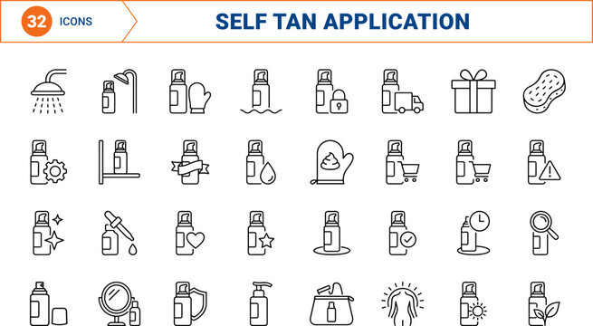 Tanning Mousse Self Tan Application Web Icon Set in Linear Style. Collection of bronze cosmetic line icons, including skincare, application, sunless tan, body care, beauty routine, cosmetics.