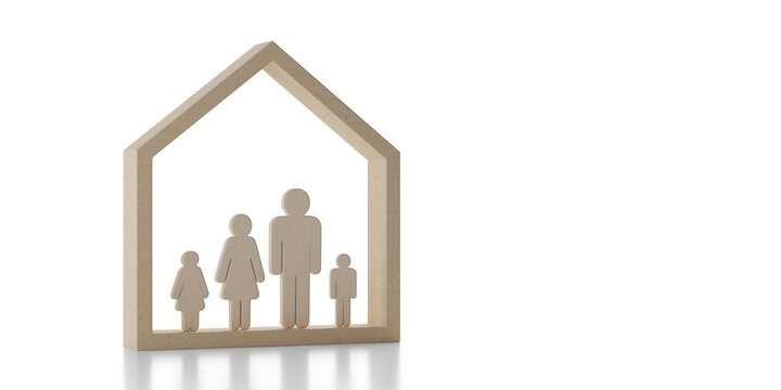 Abstract wooden figure family in wooden house frame over white background, family home or house concept with copy space