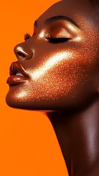Close-up of woman with shiny makeup.