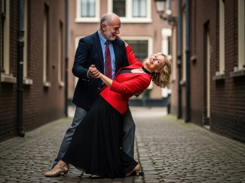 Happy senior couple dancing together in a romantic cobblestone alleyway
